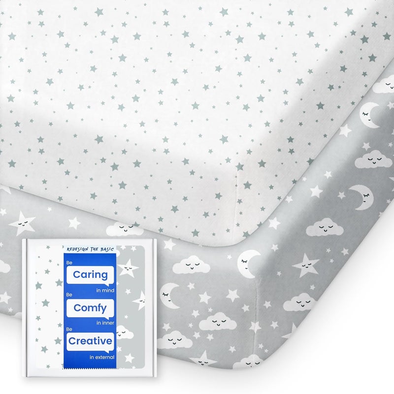 TOTBASIC Pack and Play Sheets Fitted, TotBasic Buttery Soft Portable Crib Sheets, Compatible with Graco Pack n Play Playard Crib & Other 27 x 39 Inch Playpen Mattress, 2 Pack Playard Sheets(Grey Stars & Moon) - Image 1