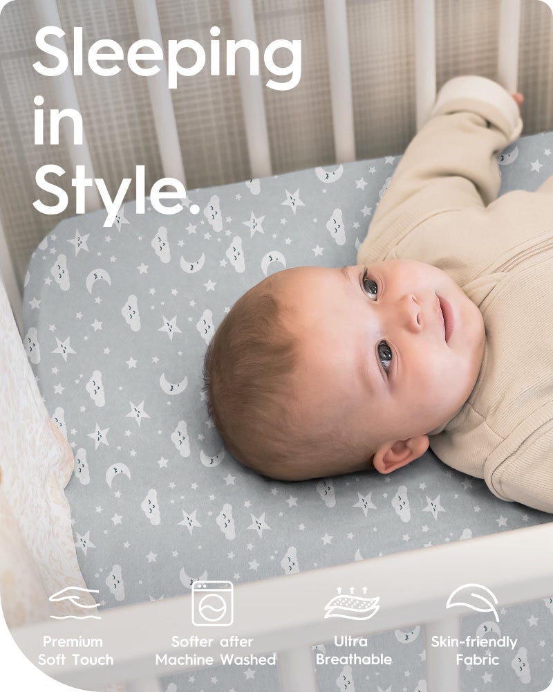 TOTBASIC Pack and Play Sheets Fitted, TotBasic Buttery Soft Portable Crib Sheets, Compatible with Graco Pack n Play Playard Crib & Other 27 x 39 Inch Playpen Mattress, 2 Pack Playard Sheets(Grey Stars & Moon) - Image 2