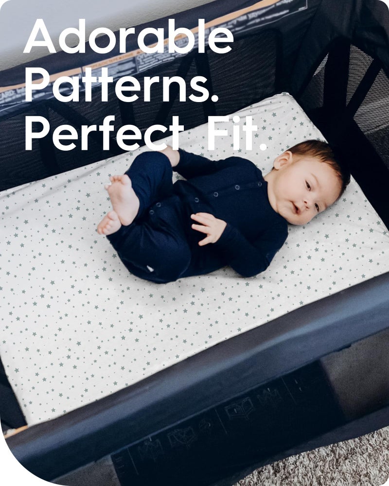 TOTBASIC Pack and Play Sheets Fitted, TotBasic Buttery Soft Portable Crib Sheets, Compatible with Graco Pack n Play Playard Crib & Other 27 x 39 Inch Playpen Mattress, 2 Pack Playard Sheets(Grey Stars & Moon) - Image 3