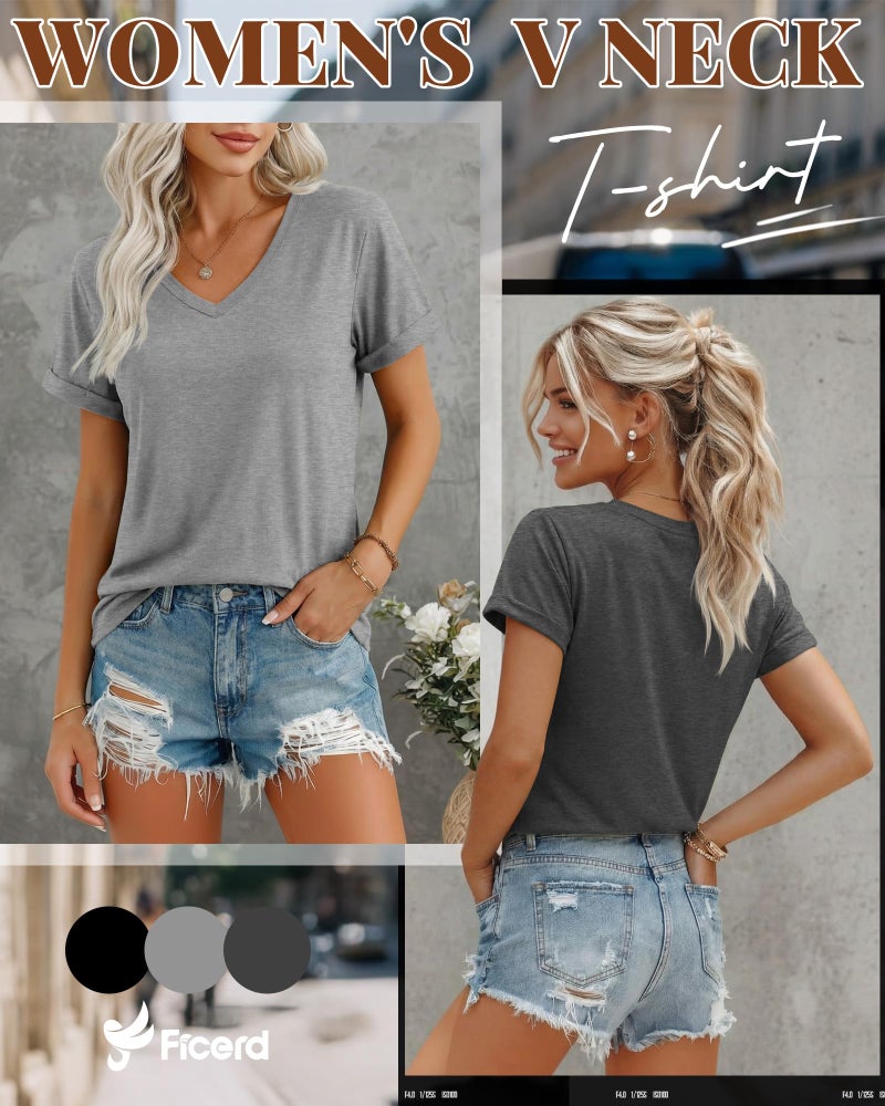 Ficerd 3 Pack Women's V Neck T Shirts, Summer Casual Short Sleeve Tops Loose Fit Rolled Sleeve Tees Trendy Shirts(Black, Light Gray, Dark Gray,Small) - Image 2