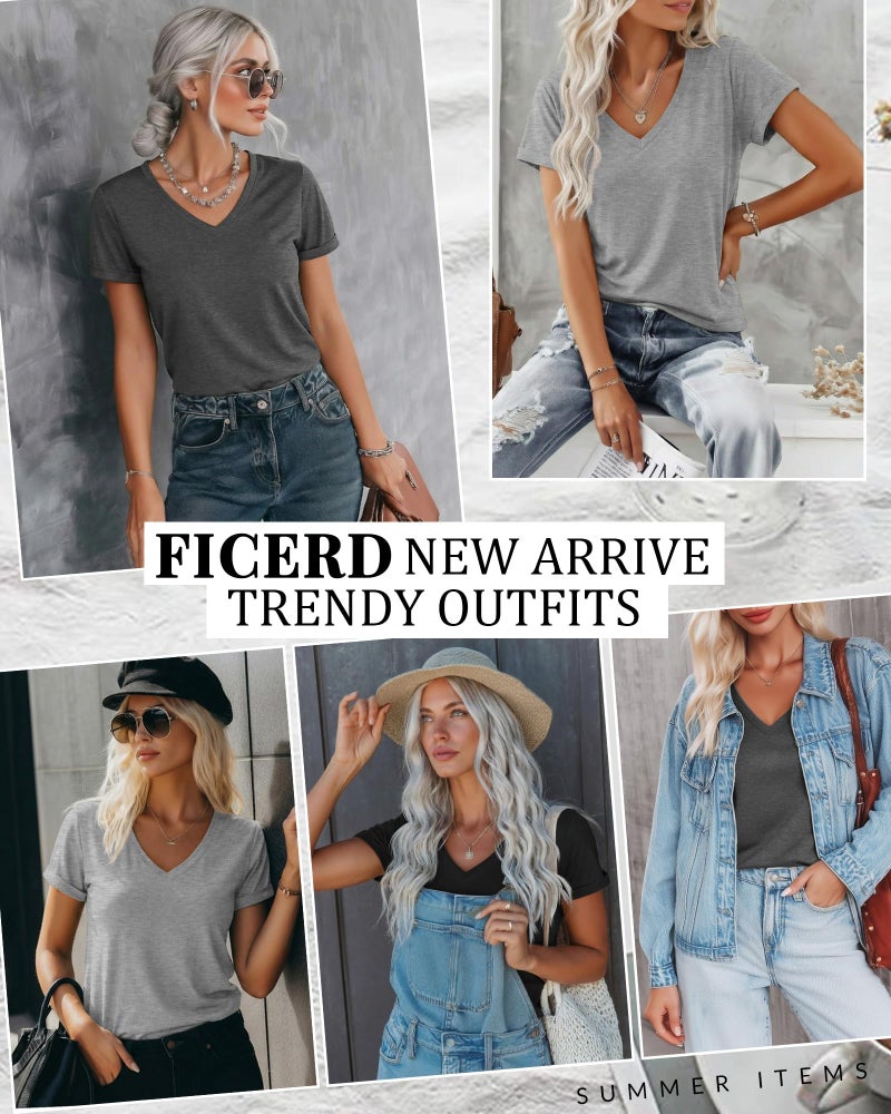 Ficerd 3 Pack Women's V Neck T Shirts, Summer Casual Short Sleeve Tops Loose Fit Rolled Sleeve Tees Trendy Shirts(Black, Light Gray, Dark Gray,Small) - Image 3