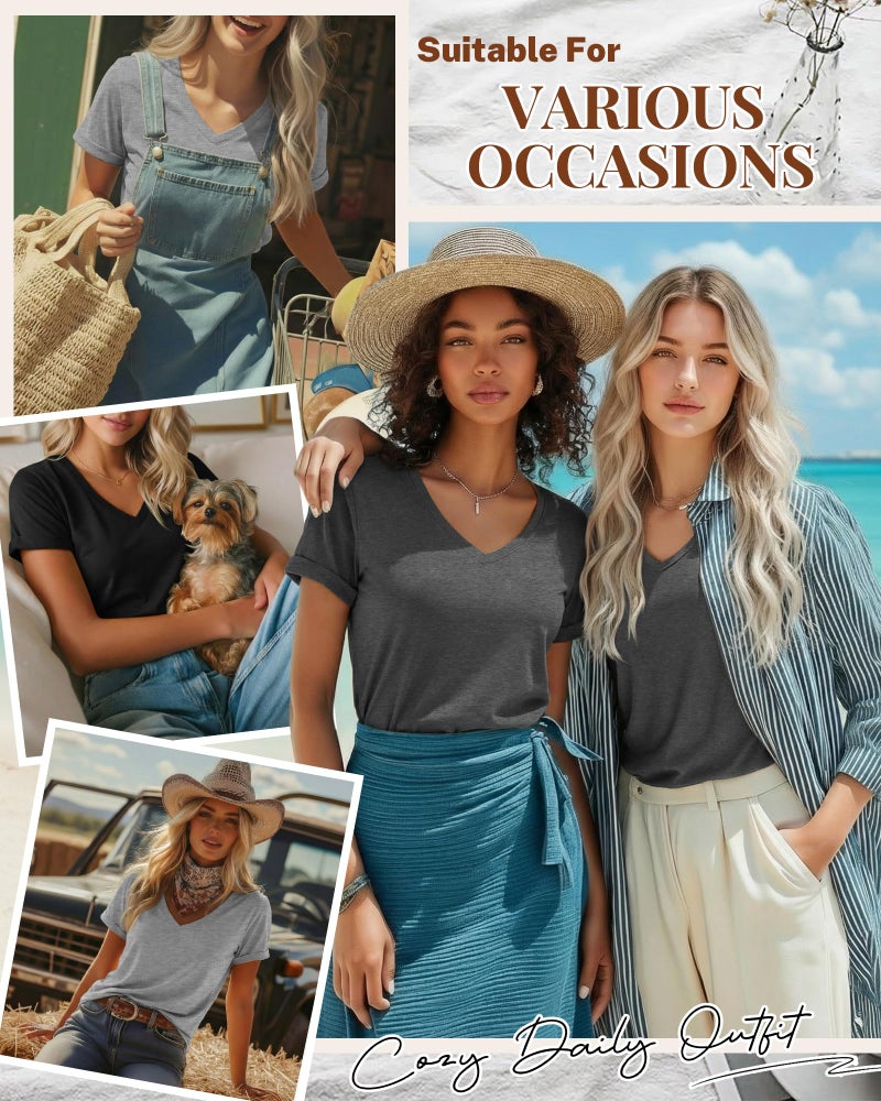 Ficerd 3 Pack Women's V Neck T Shirts, Summer Casual Short Sleeve Tops Loose Fit Rolled Sleeve Tees Trendy Shirts(Black, Light Gray, Dark Gray,Small) - Image 4