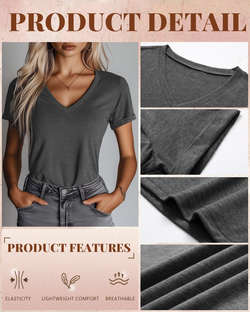 Ficerd 3 Pack Women's V Neck T Shirts, Summer Casual Short Sleeve Tops Loose Fit Rolled Sleeve Tees Trendy Shirts(Black, Light Gray, Dark Gray,Small) - Image 5