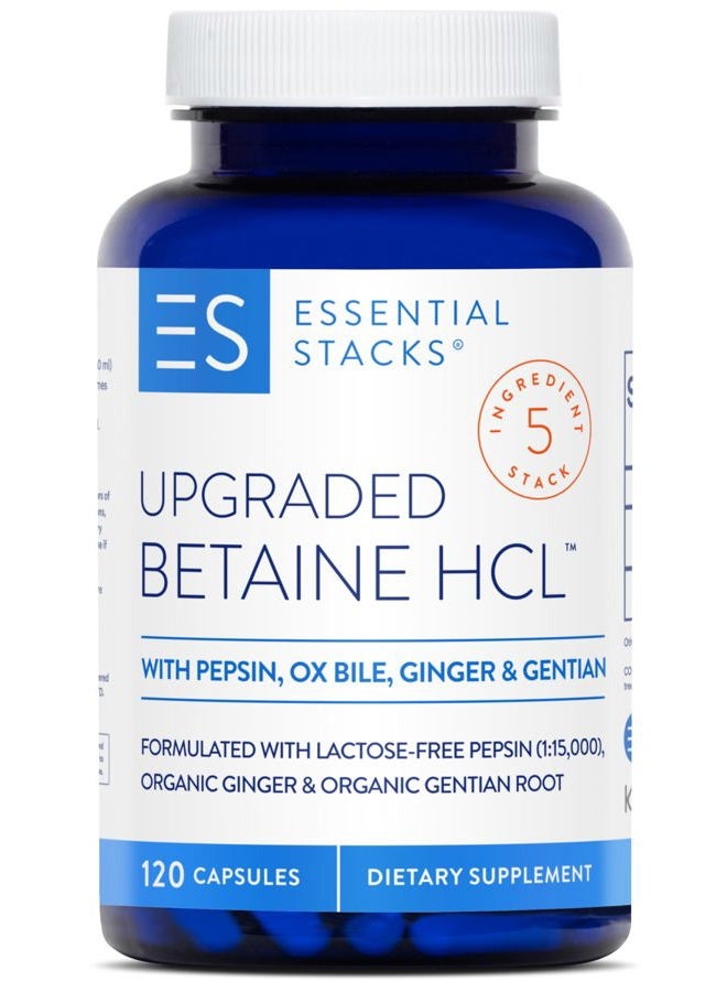 Essential Stacks بيتاين HCL مع بيبسين، عصارة الصفراء، جنتيان عضوي وزنجبيل - مكمل بيتاين هيدروكلوريد مع إنزيمات هضمية، صفراء ومرارة - خالي من الجلوتين، الألبان وفول الصويا (120 كبسولة) - Image 1