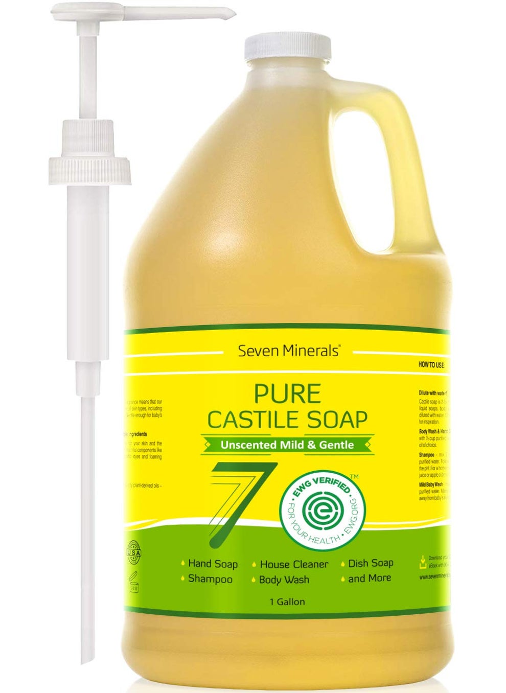 Seven Minerals - Seven Minerals EWG Verified Castile Soap - 1 Gallon, No Palm Oil, Unscented Mild & Gentle Skin Cleaning, For Sensitive Skin, Baby Wash, Soothing, Non GMO & Vegan Formula with Organic Carrier Oils - Image 1