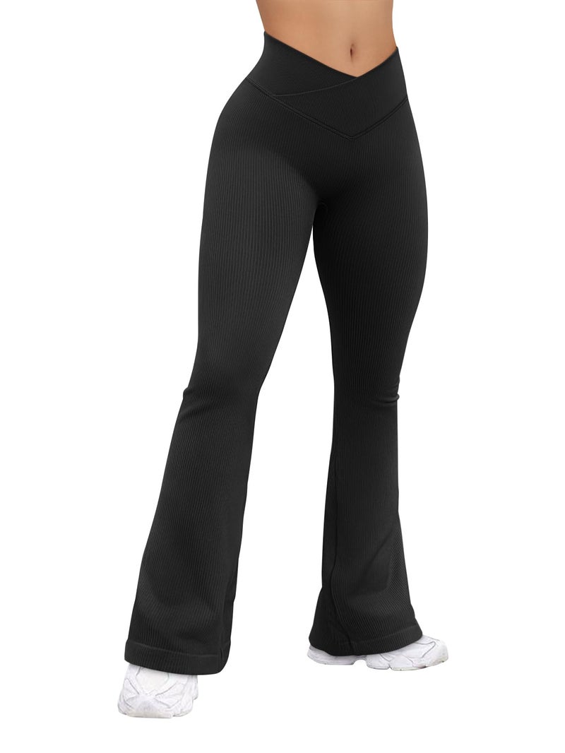 OQQ Women's Flared Pants Ribbed Cross Over High Waist Bell Bottoms Lounge Travel Pants Black - Image 1