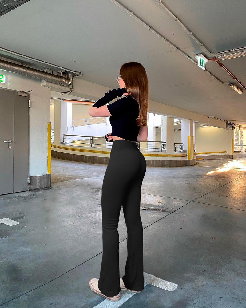 OQQ Women's Flared Pants Ribbed Cross Over High Waist Bell Bottoms Lounge Travel Pants Black - Image 4