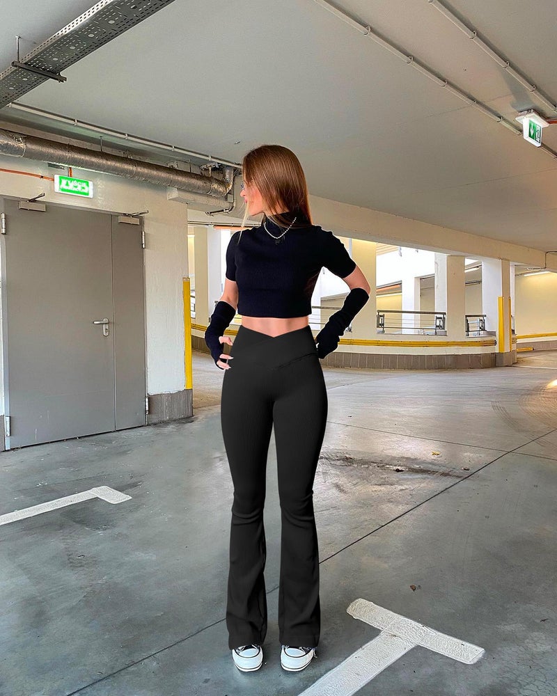 OQQ Women's Flared Pants Ribbed Cross Over High Waist Bell Bottoms Lounge Travel Pants Black - Image 5