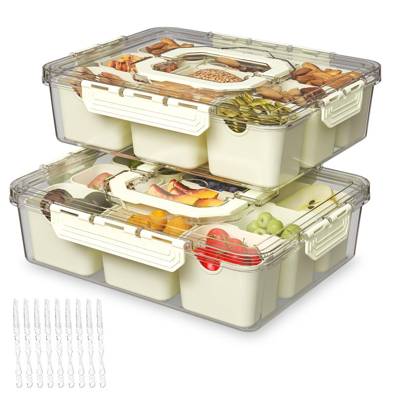 REBECAT Divided Serving Tray with Lid and Handles 9 Compartments Snack Box Container Charcuterie Organizer Snackle Box Container for Candy,Nutsï¼ŒFruits,Snacks,2 Pack,Beige - Image 1