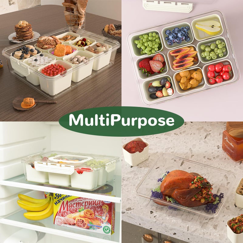 REBECAT Divided Serving Tray with Lid and Handles 9 Compartments Snack Box Container Charcuterie Organizer Snackle Box Container for Candy,Nutsï¼ŒFruits,Snacks,2 Pack,Beige - Image 5