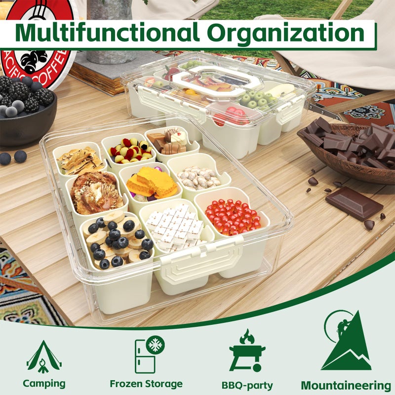 REBECAT Divided Serving Tray with Lid and Handles 9 Compartments Snack Box Container Charcuterie Organizer Snackle Box Container for Candy,Nutsï¼ŒFruits,Snacks,2 Pack,Beige - Image 2