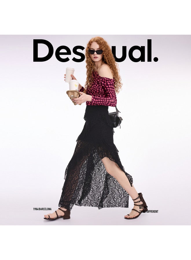 DESIGUAL 25 Spring/summer New Plaid Print Ruffled Off-shoulder Slim-fit Stretch Women's T-shirt - Image 5