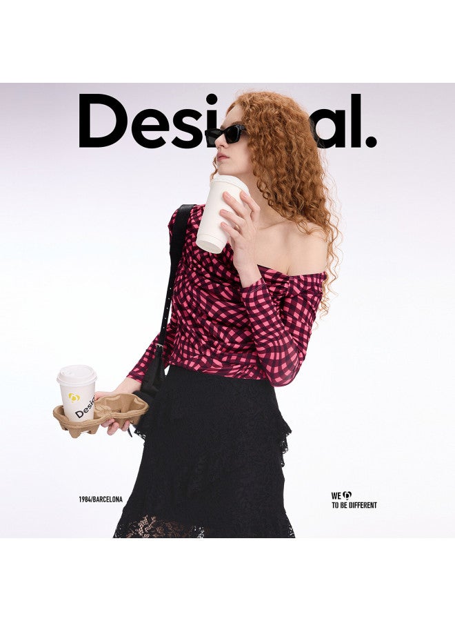 DESIGUAL 25 Spring/summer New Plaid Print Ruffled Off-shoulder Slim-fit Stretch Women's T-shirt - Image 3