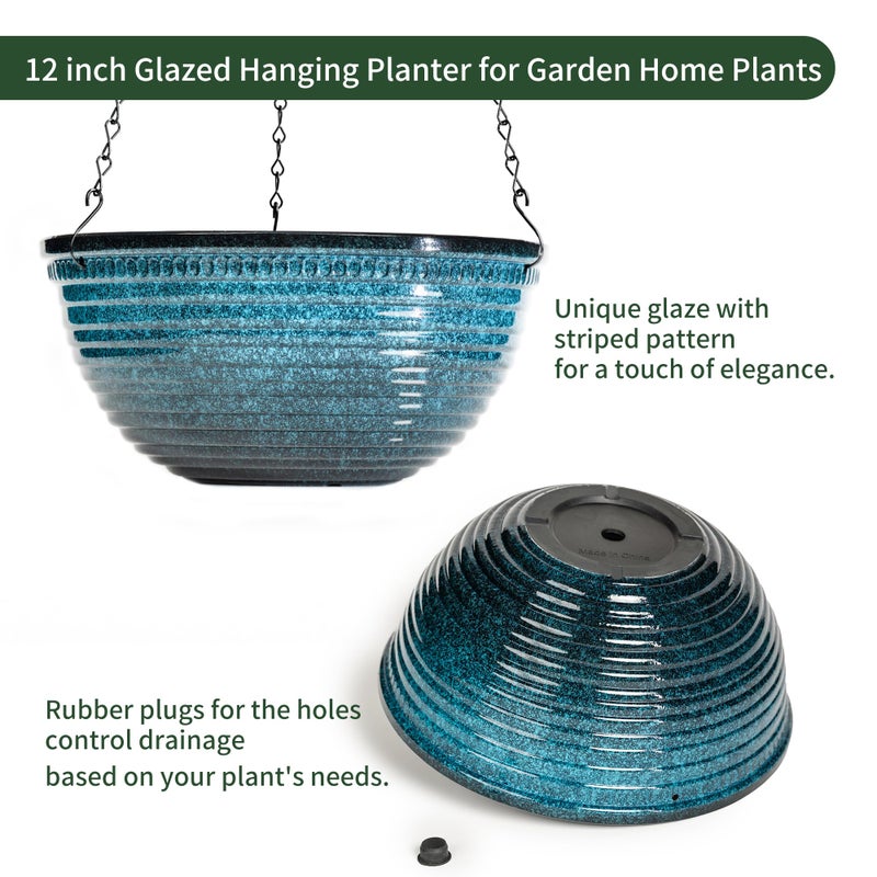 Vanslogreen 12 inch Hanging Planters for Indoor Outdoor Plants, 2 Pack Large Hanging Flower Pots with Drainage Holes and Chain, Glazed Hanging Baskets for Home Garden Decoration, Blue - Image 3