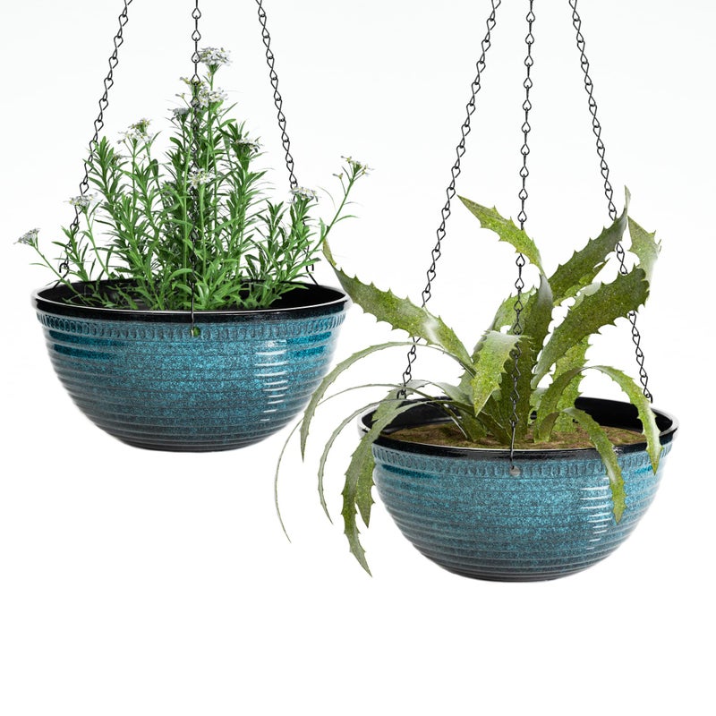 Vanslogreen 12 inch Hanging Planters for Indoor Outdoor Plants, 2 Pack Large Hanging Flower Pots with Drainage Holes and Chain, Glazed Hanging Baskets for Home Garden Decoration, Blue - Image 1