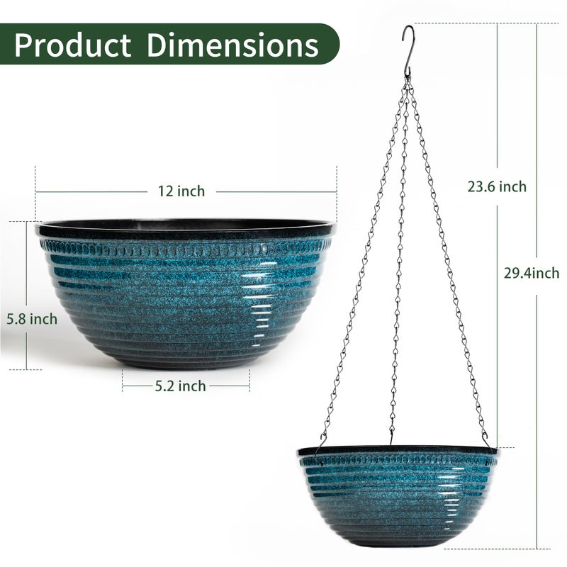 Vanslogreen 12 inch Hanging Planters for Indoor Outdoor Plants, 2 Pack Large Hanging Flower Pots with Drainage Holes and Chain, Glazed Hanging Baskets for Home Garden Decoration, Blue - Image 2