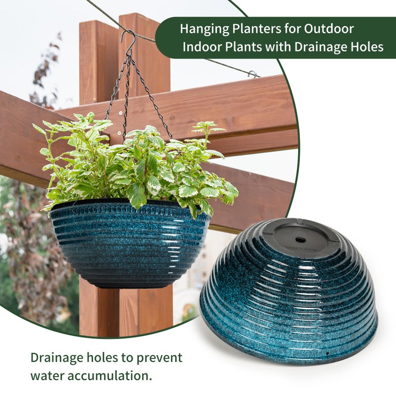 Vanslogreen 12 inch Hanging Planters for Indoor Outdoor Plants, 2 Pack Large Hanging Flower Pots with Drainage Holes and Chain, Glazed Hanging Baskets for Home Garden Decoration, Blue - Image 4