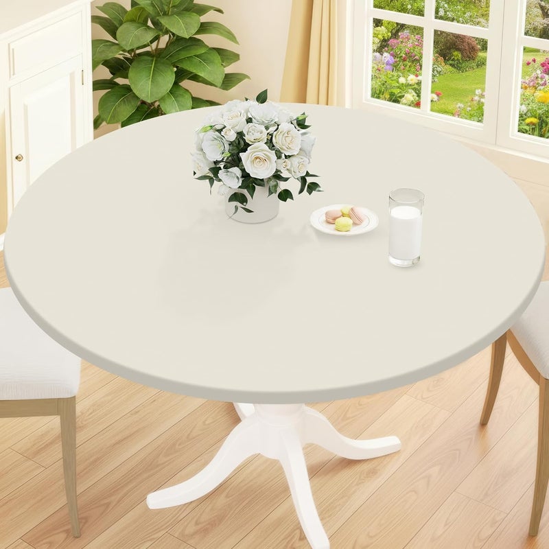 smiry Round Picnic Tablecloth, Waterproof Elastic Fitted Table Covers for 36" - 44" Tables, Wipeable Flannel Backed Vinyl Tablecloths for Camping, Indoor, Outdoor, Ivory - Image 1