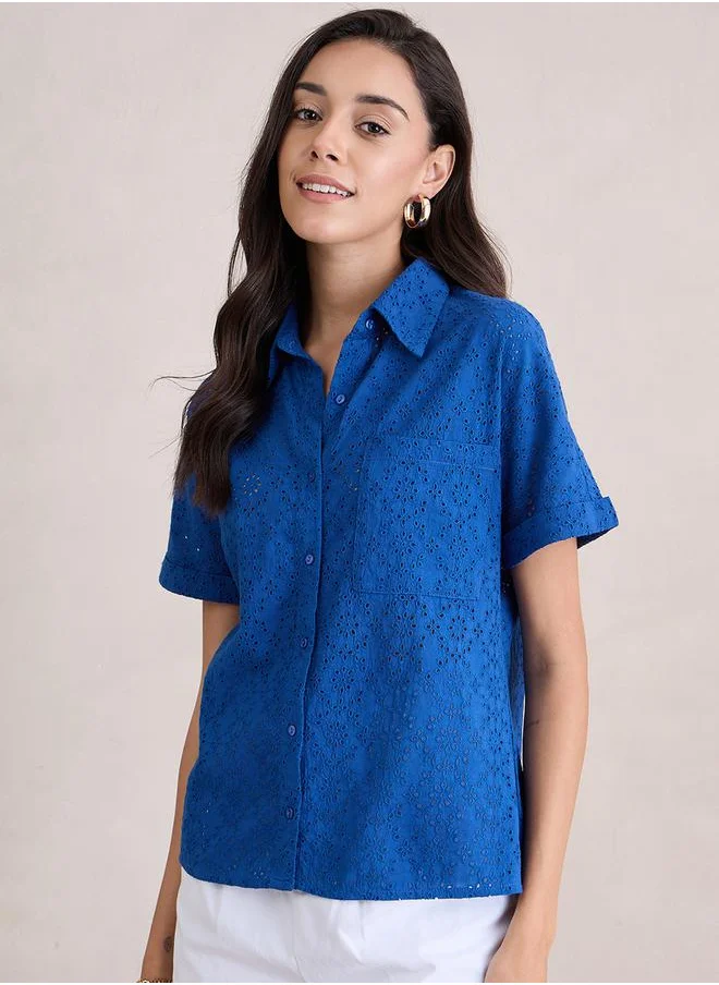 فيميلا Schiffli Short Sleeve Shirt with Pocket by Styli