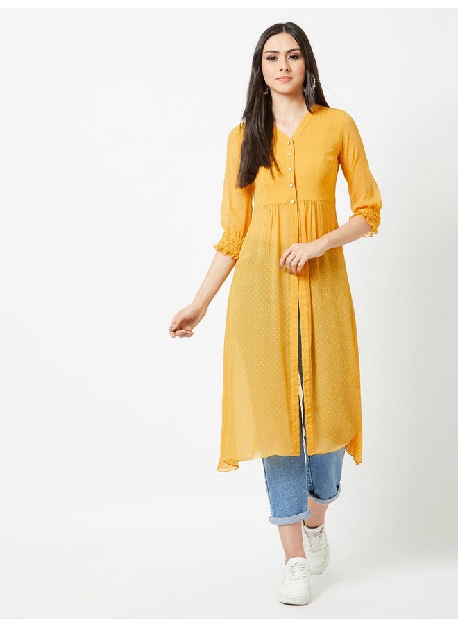 Miss Chase - Miss Chase Women's Mustard Yellow V-Neck 3/4 Sleeves Solid Empire Maxi Top - Image 1