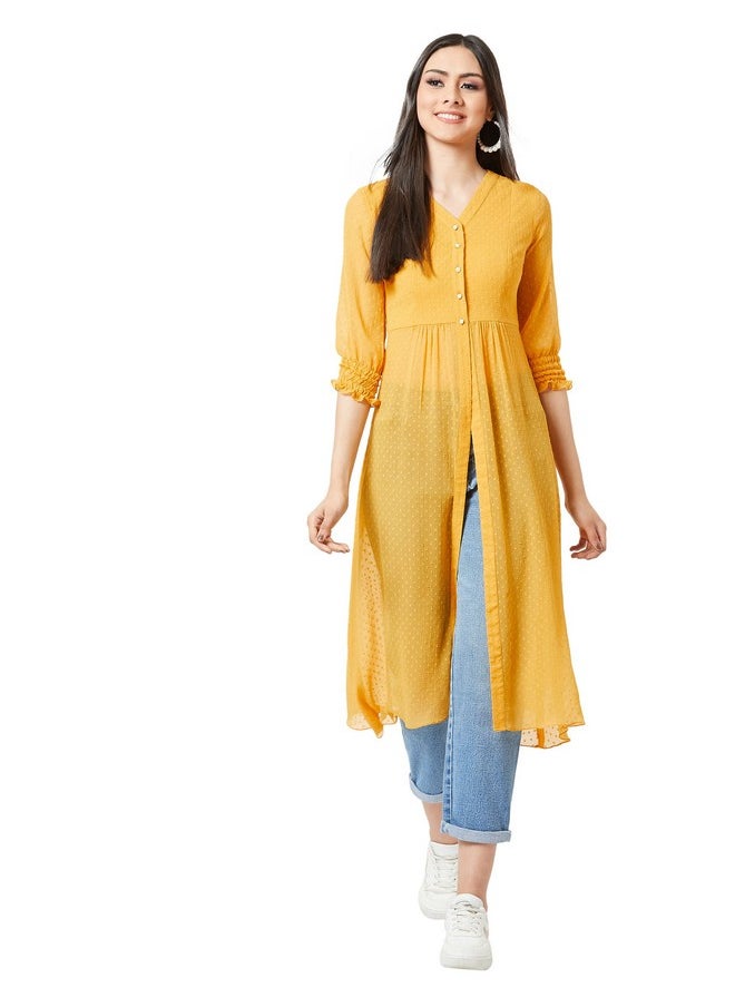 Miss Chase - Miss Chase Women's Mustard Yellow V-Neck 3/4 Sleeves Solid Empire Maxi Top - Image 1