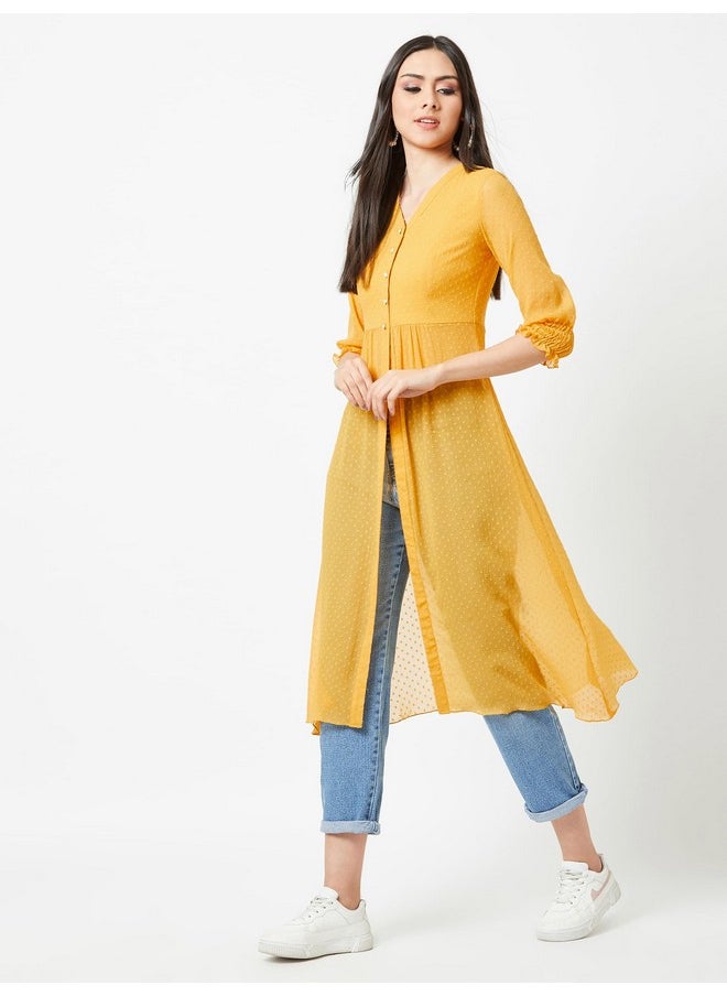 Miss Chase - Miss Chase Women's Mustard Yellow V-Neck 3/4 Sleeves Solid Empire Maxi Top - Image 1