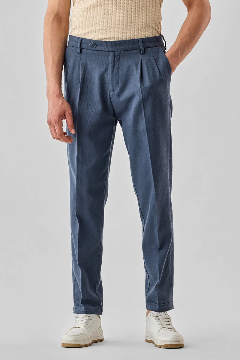 Snitch Blue Slim Fit 100% Cotton Twill Trousers for Men | Best Price UAE