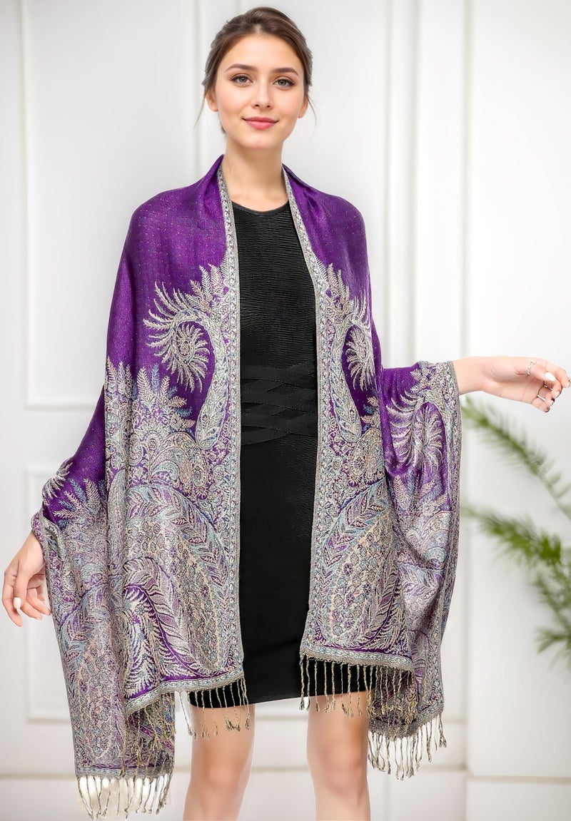 Achillea Luxurious Double Layered Jacquard Big Paisley Pashmina Shawl Wrap Scarf (Purple) - Image 2