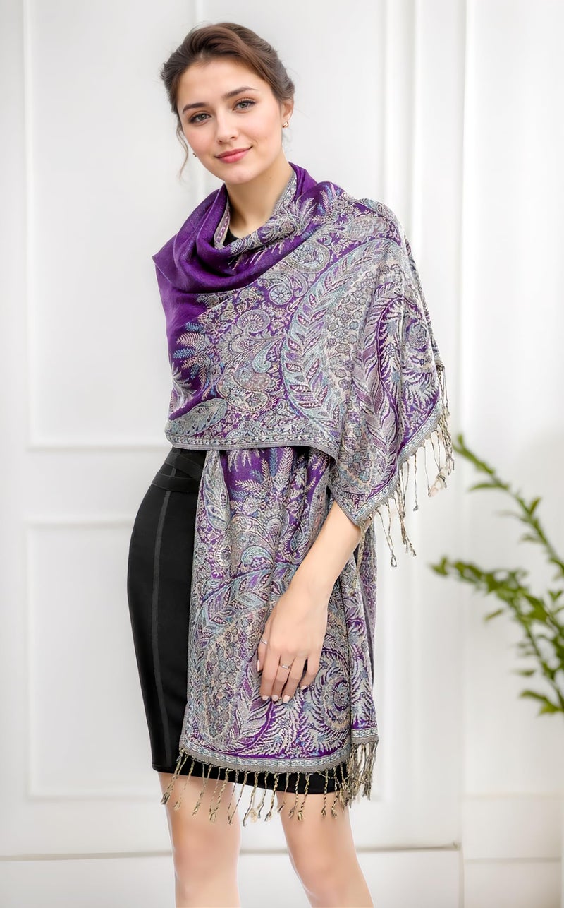 Achillea Luxurious Double Layered Jacquard Big Paisley Pashmina Shawl Wrap Scarf (Purple) - Image 3