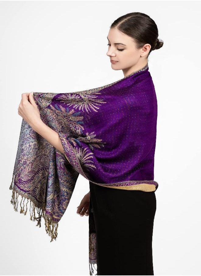 Achillea - Achillea Luxurious Big Paisley Jacquard Layered Woven Pashmina Shawl Wrap Scarf Stole (Purple) - Image 1