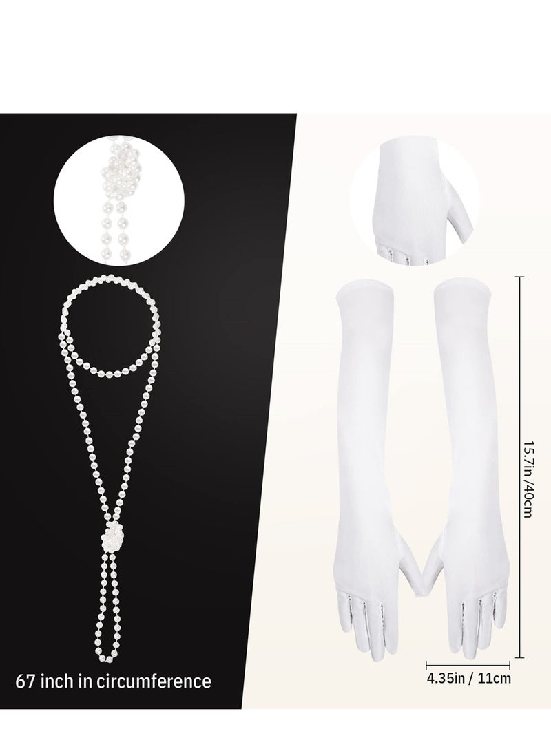 SYOSI 1920s Flapper Costume Accessories Set, Gatsby Costume Accessories Set for Women 20s Headpiece Earrings Gloves Holder Pearl Necklace and Feather Fan  - Image 3