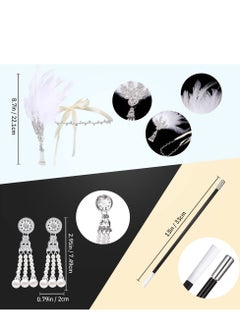 SYOSI 1920s Flapper Costume Accessories Set, Gatsby Costume Accessories Set for Women 20s Headpiece Earrings Gloves Holder Pearl Necklace and Feather Fan  - Image 2