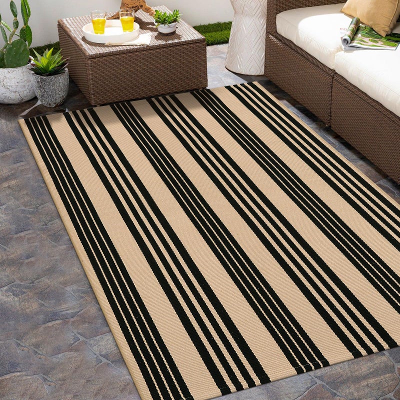 Sungea Black and Khaki Striped Outdoor Rug 4x6 ft, Washable Cotton Woven Patio Rug, Reversible Foldable Front Porch Decor Indoor Outdoor Rugs for Farmhouse/Living Room - Image 1