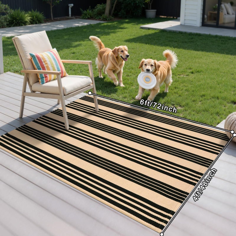 Sungea Black and Khaki Striped Outdoor Rug 4x6 ft, Washable Cotton Woven Patio Rug, Reversible Foldable Front Porch Decor Indoor Outdoor Rugs for Farmhouse/Living Room - Image 2