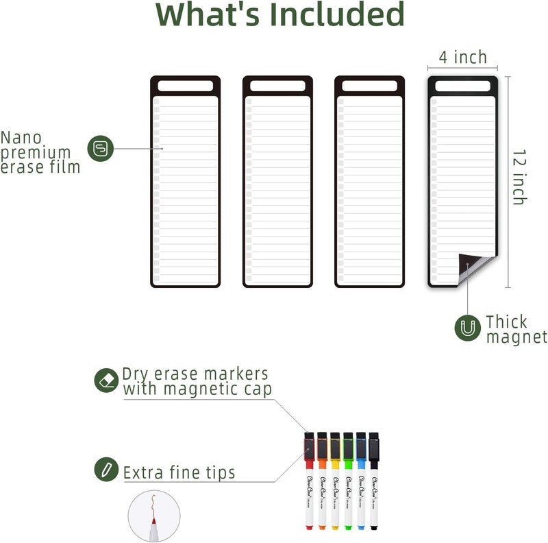Clever Clean Magnetic Dry Erase List Board - 4"x12" Multifunctional List Board for Fridge - 6 Extra Fine Point Markers Included - Shipped Flat - Image 2