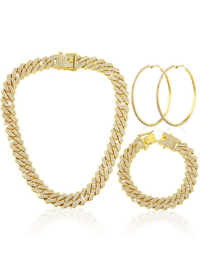 Batiyeer - 3 Pcs Cuban Link Chain Necklace Bracelet Rhinestone Hoop Earrings Bling Crystal Hip Hop Jewelry For Women(18 Inch,Gold) - Image 1