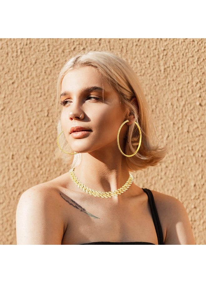 Batiyeer - 3 Pcs Cuban Link Chain Necklace Bracelet Rhinestone Hoop Earrings Bling Crystal Hip Hop Jewelry For Women(18 Inch,Gold) - Image 1