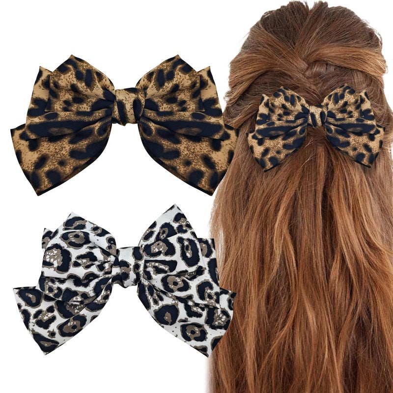 2 PACK Leopard Hair Bow Clips Vintage Large Bow Hair Clips for Women HandMade Big Leopard Print Hair Bows Hair Barrettes Hair Accessories for Women Girls