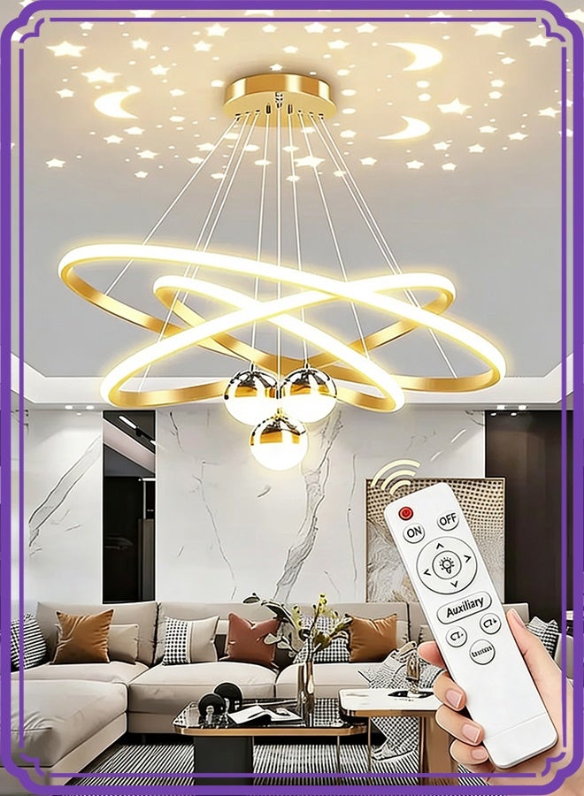 أبيكس ثريا حديثة للضوء (LED)، ثريا دائرية ثلاثية الحلقات مزوَّدة بجهاز تحكم عن بعد، وثريا مزوَّدة بثلاثة كرات مزودة بإضاءة مرسومة - Image 1