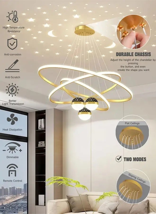 أبيكس ثريا حديثة للضوء (LED)، ثريا دائرية ثلاثية الحلقات مزوَّدة بجهاز تحكم عن بعد، وثريا مزوَّدة بثلاثة كرات مزودة بإضاءة مرسومة - Image 2