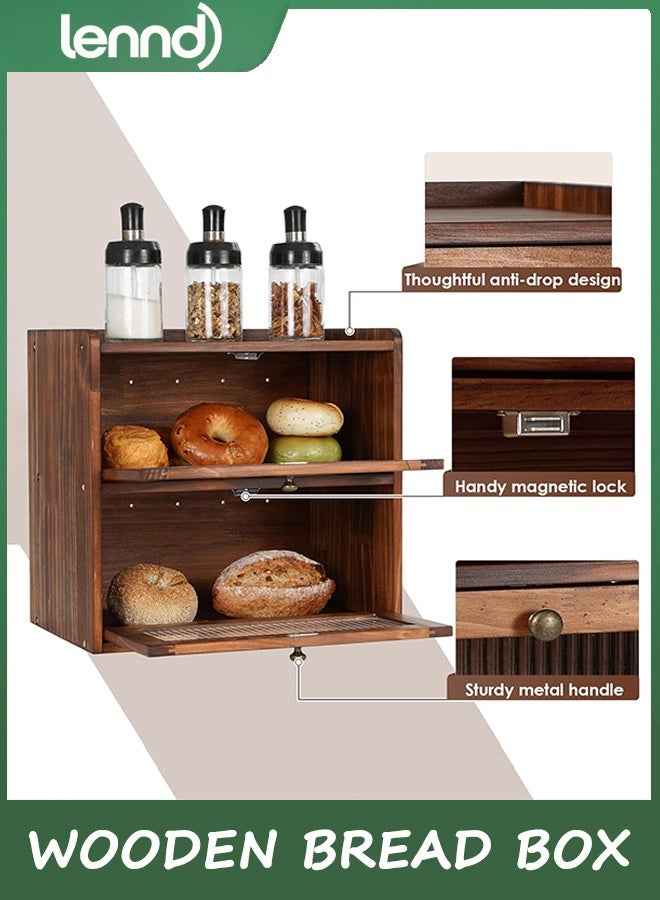 LENND Bread Box for Kitchen Countertop Wooden Bread Storage Container Bin 2 Layer Breadbox Holder Large Capacity Keeper Vintage Farmhouse Food Organizer Pantry Shelf Acrylic Window - Image 5