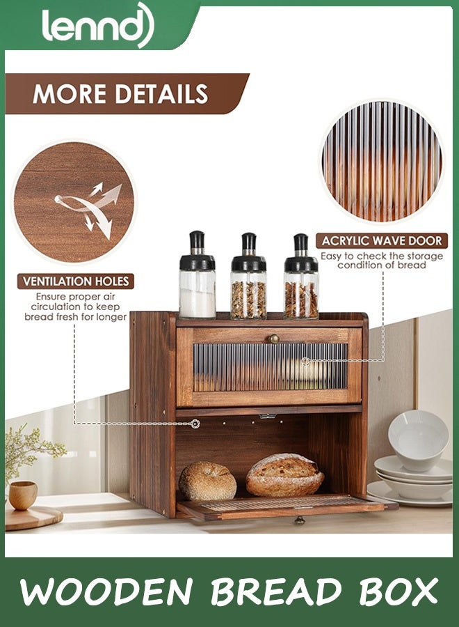 LENND Bread Box for Kitchen Countertop Wooden Bread Storage Container Bin 2 Layer Breadbox Holder Large Capacity Keeper Vintage Farmhouse Food Organizer Pantry Shelf Acrylic Window - Image 4