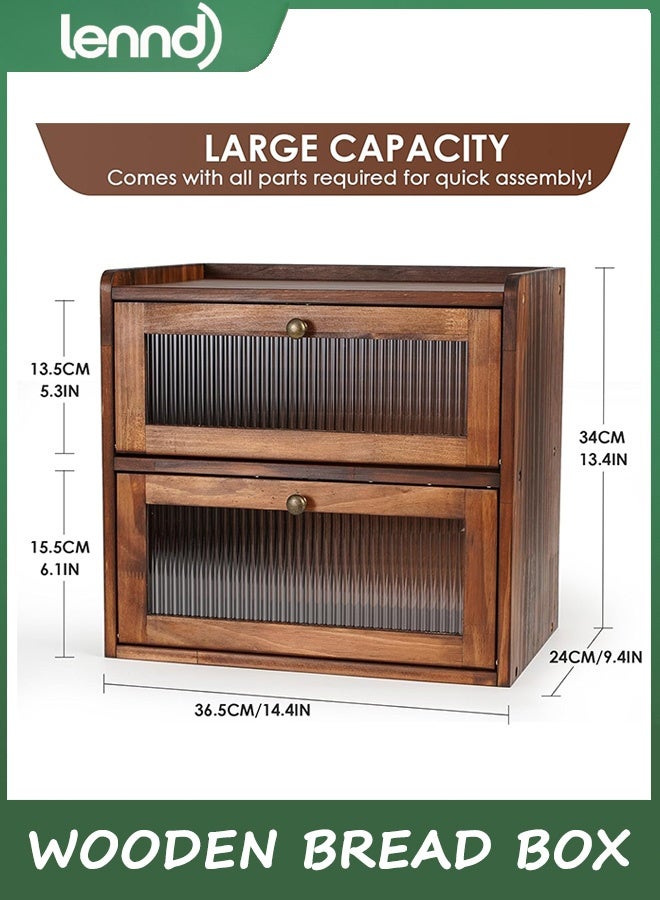 LENND Bread Box for Kitchen Countertop Wooden Bread Storage Container Bin 2 Layer Breadbox Holder Large Capacity Keeper Vintage Farmhouse Food Organizer Pantry Shelf Acrylic Window - Image 3