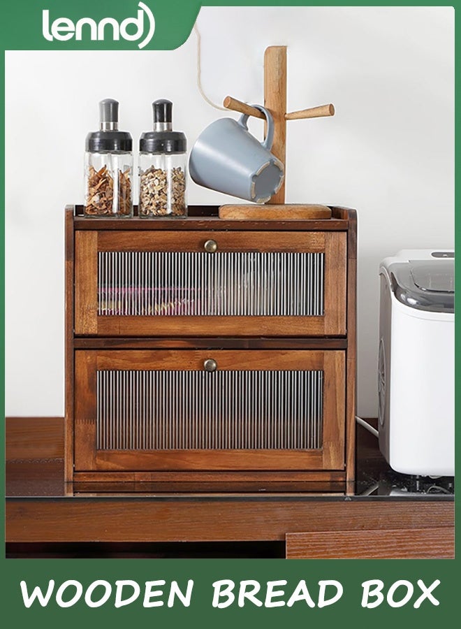 LENND Bread Box for Kitchen Countertop Wooden Bread Storage Container Bin 2 Layer Breadbox Holder Large Capacity Keeper Vintage Farmhouse Food Organizer Pantry Shelf Acrylic Window - Image 2