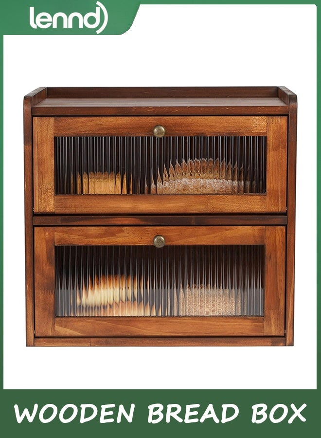 LENND Bread Box for Kitchen Countertop Wooden Bread Storage Container Bin 2 Layer Breadbox Holder Large Capacity Keeper Vintage Farmhouse Food Organizer Pantry Shelf Acrylic Window - Image 1