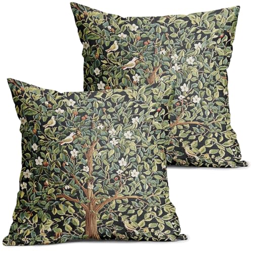 aportt Green Tree Pillow Covers 18X18 Inch Set of 2 Watercolor Forest Bird Floral leaves Decorative Pillow Cases Spring Vintage Leaf Flower Cotton Linen Cushion Case Farmhouse Home Decor For Sofa Couch - Image 1