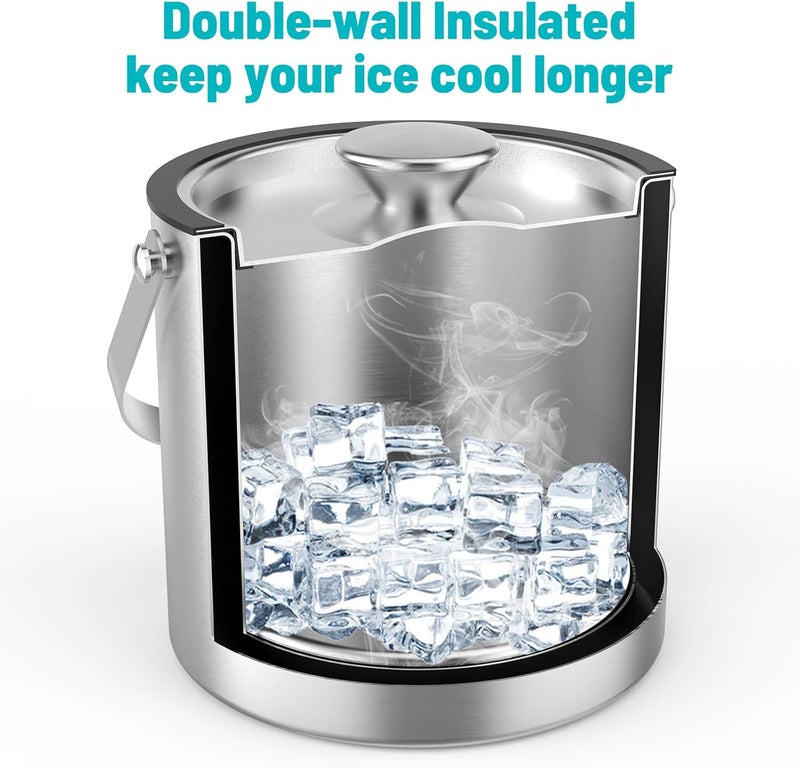 DINOTIME 3L Ice Cube Tray with Lid, Scoop & Tongs, Double-Walled Stainless Steel Insulation Ice Cube Tray - Image 2