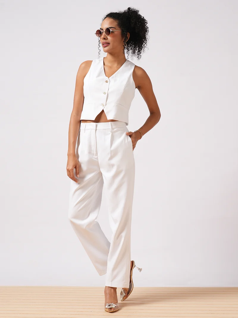 globus Women White V-Neck Sleeveless Waistcoat With Pleated Trousers