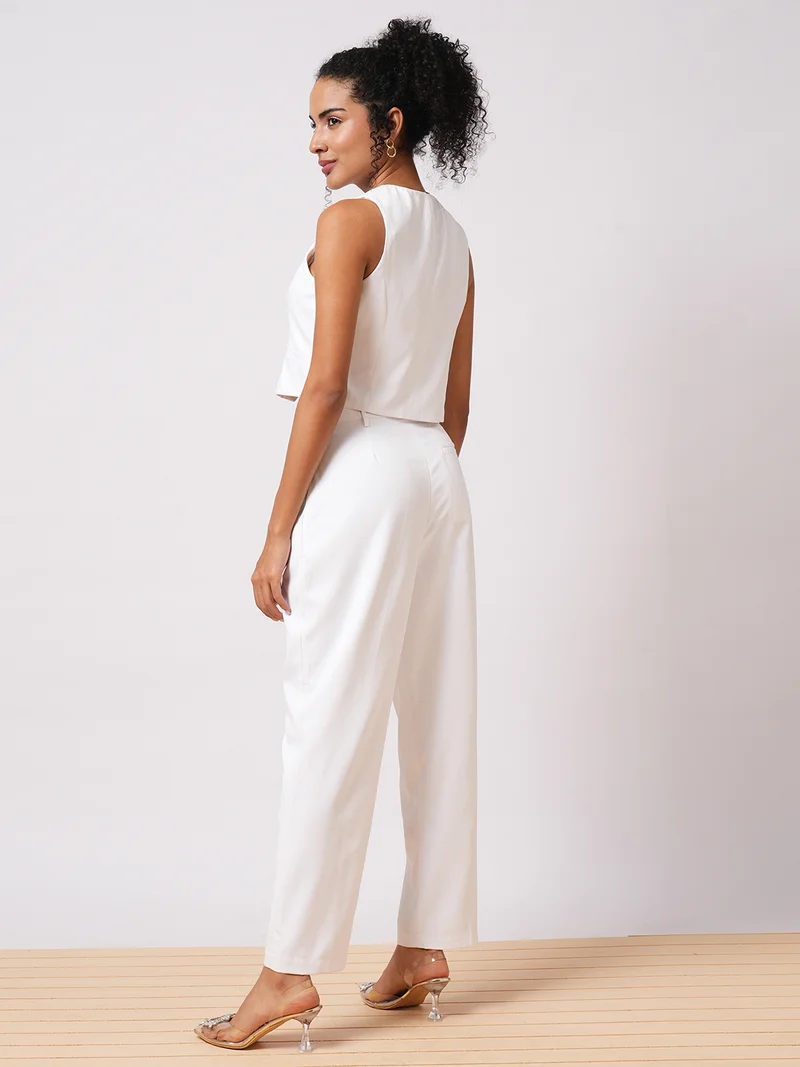 globus Women White V-Neck Sleeveless Waistcoat With Pleated Trousers