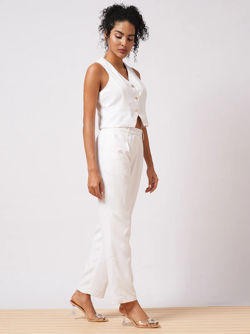 globus Women White V-Neck Sleeveless Waistcoat With Pleated Trousers